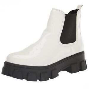 8 Patent White Ankle Boot Black Block Heel Lug Sole Elastic Pull On Sam Edelman